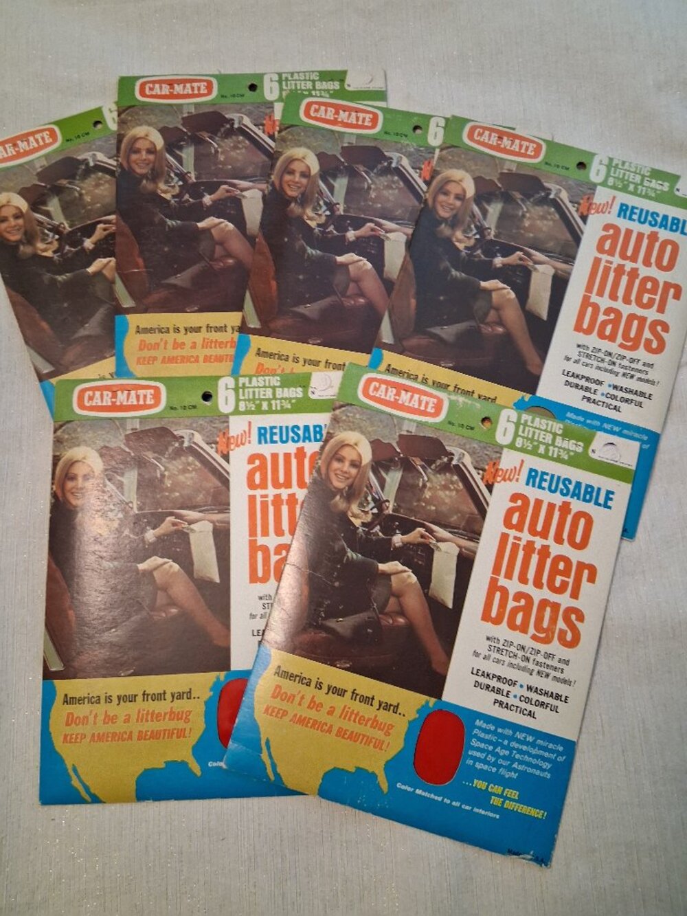 1970s Deadstock NEW Lot Of 7 Vintage Car-Mate Reusable Auto Car Litter Bags